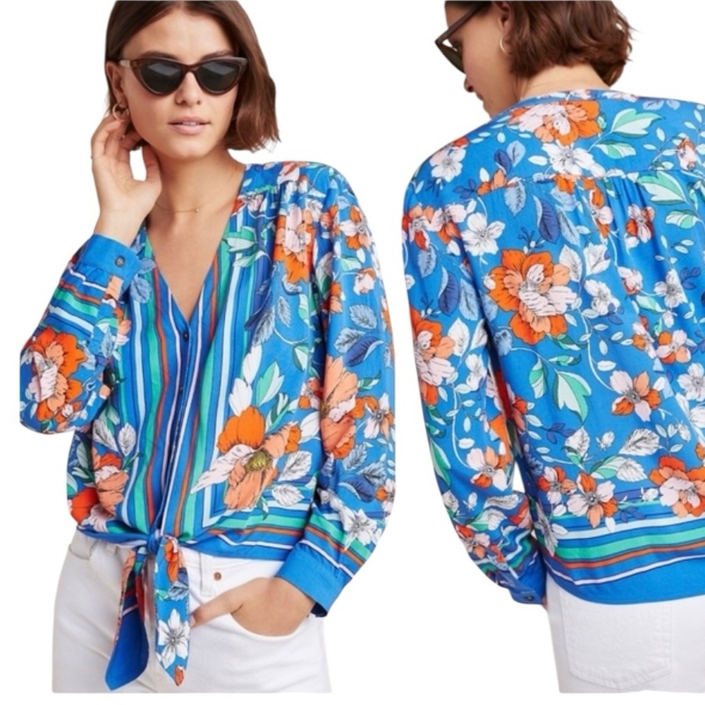 Maeve Anthropologie Elan Scarf Floral Pattern Blouse size 4 Blue Tie Waist